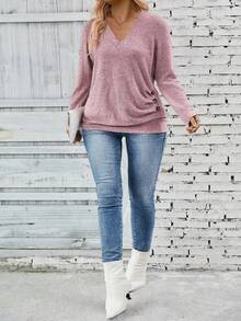 INAWLY Suéter Casual de Malha Macia com Decote em V, Manga Longa, Botões Laterais e Pregas, Outono/Inverno