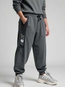 JNSQ Back To School Clothes, Tween Girls And Boys Oversized Long Sleeve Hoodies, Round Neck Contrast Color Reflective Tape Funny Letter Print Long Sleeve Sweatshirts, Suitable For Autumn, Winter Daily Wear, Outdoor Activities, Vacation, Streetwear, Party And Casual - Dark Grey - View 13