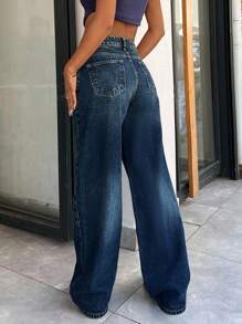 EURMUSE 100% Cotton Low Waist Wash Detailed Wide Leg Jean - Dark Wash - View 3