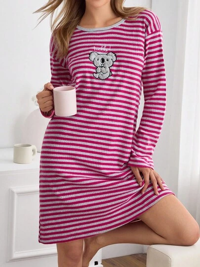 EURMUSE PLUS CURVE Women Cotton Contrast Binding With Striped Round Neck Koala Embroidery Detail Homewear Sleep Pajama Dress Long Sleeve Nightgown Women Pajama Dress Womens Nightdress Sleep Wear Women Dress Moo Moo Night Gown