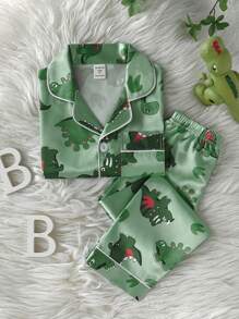 2 件套小男孩可爱恐龙印花短袖衬衫和裤子休闲家居服套装