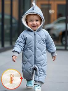 SHEIN Playful Pals 男婴冬季棉质恐龙耳朵连帽前开连体衣，厚实保暖服装，适合冬季 - 藍色 - 查看 3