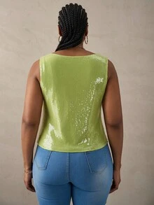 SHEIN Tall CURVE Áo không tay đính sequin thời trang cỡ lớn dành cho nữ, thích hợp cho các lễ hội âm nhạc, đi chơi đêm và tiệc đêm - màu xanh lá - Xem 2