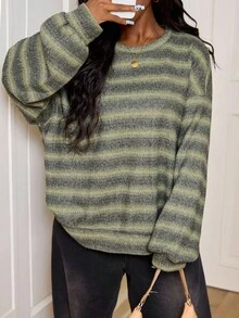 SHEIN PETITE CURVE Plus Size Plus Size Crew Neck Striped Jumper Casual Y2k 90's Stripe Plus Size Airport Outfits Petite Curve Sweater Striped Sweater Green Striped Sweater In Fall/Winter