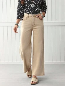 EMERY ROSE High Waist Wide Leg Jeans - Khaki - View 3
