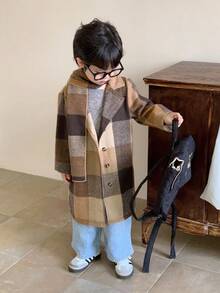 SHEIN 2件套男童秋冬复古格子大衣和围巾套装，米棕色 - 彩色 - 查看 4