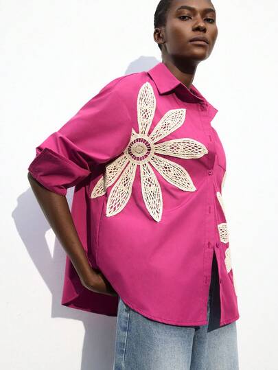 Maija 女式秋冬钩针装饰波西米亚休闲时尚宽松衬衫领落肩长袖前片紫红色钩针图案装饰前扣西部乡村音乐节伊维萨岛衬衫上衣