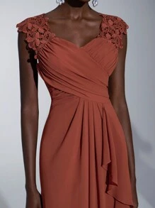 Elitara Appliques Detail Ruched Ruffle Trim Chiffon Formal Dress Elegant Prom Evening Wedding Guest Gown, For Graduation, Dinner Party Dress - Coral Orange - View 2