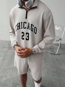 Manfinity Campus Court 美学帖——男士休闲字母图案四分之一拉链卫衣和短裤套装 - 杏色 - 查看 4