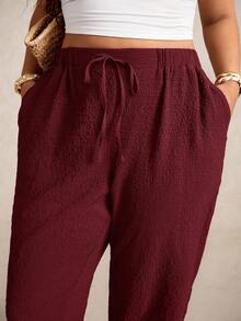 Elaquor Plus Size Women's Casual Solid Color Loose Drawstring Pants - Burgundy - View 7