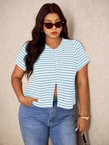 Elaquor Plus Size Fall Casual Commuter Front Button Split Hem T-Shirt,Fall Clothes For Women - Blue - View 6