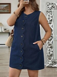 SHEIN CURVE+ Damen Große Größen Rundhals Einreiher Lässiges ärmelloses Loose Jeans Kleid - Blau - Übersicht 5