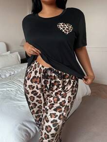 SHEIN Plus Size Leopard Print Contrast Patchwork Casual Sleepwear Set For Women, Outfits - Multicolor - View 6
