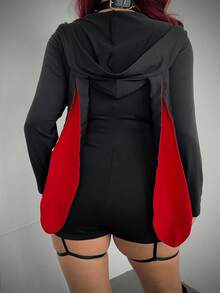 Sunspun 时尚深色可爱红黑格子兔耳撞色弹力针织连体裤 - 黑色 - 查看 2