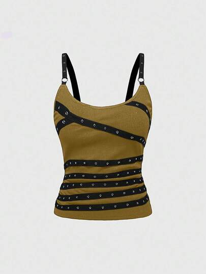 Grunge Punk Ärmelloses, sexy Spaghettiträger-Tank Top mit tiefem Ausschnitt und Nieten, Strasssteinen und Bändern für Damen, geeignet für Sommerstrand, Abschlussfeiern, Ostern, Konzerte, Nashville-Urlaub, Musikfestivals, Rock