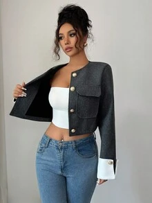 Elenzga Metal Buckle Decor + Color Block Short Jacket Fall Winter Cloth For Women - Dark Grey - View 7