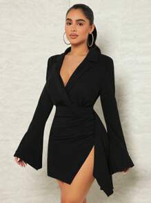 SHEIN SXY 黑色翻领垂褶侧开衩长袖迷你连衣裙 - 黑色 - 查看 5