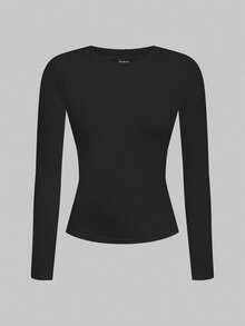 SHEIN EZwear Bộ 2 áo thun dài tay cổ tròn màu đen và xanh lá đậm cho nữ, phù hợp cho mùa thu/đông - Nhiều màu - Xem 5