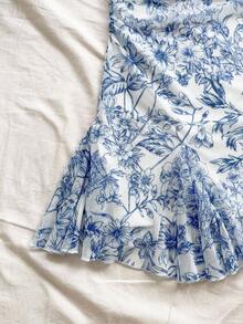 Soleia 女士度假蓝白花卉印花细肩带深 V 领露背系带蝴蝶结美人鱼迷你连衣裙，适合派对、圣诞节、约会、夜总会、海滩、游轮、下午茶、波西米亚风、波西米亚风、度假、秋季 - 藍白色 - 查看 5