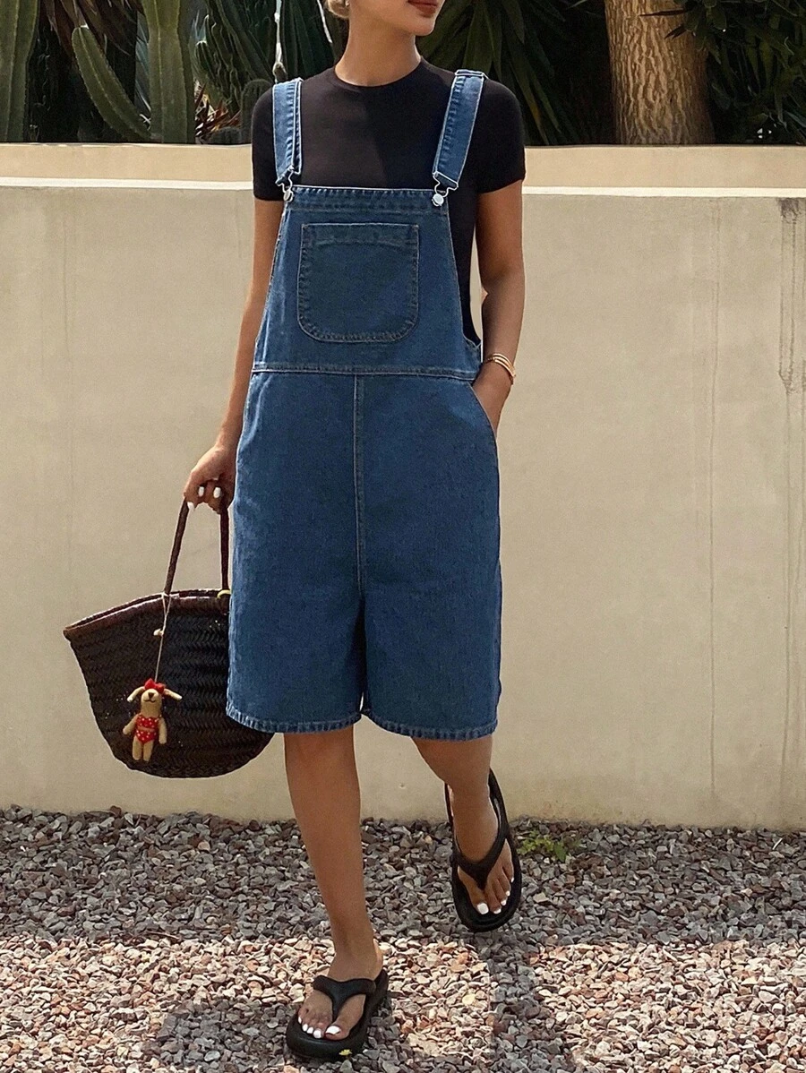 SHEIN Tween Girls' Casual Loose Academy Style Dark Blue Denim Overalls Shorts, Summer - Dark Wash - View 1