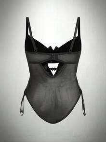 SHEIN Sexy Series Black Smooth Patchwork Mesh Bodysuit Black Lingerie Cut Out Lingerie Goth Lingerie Hollow Out Lingerie Lingerie - Black - View 2