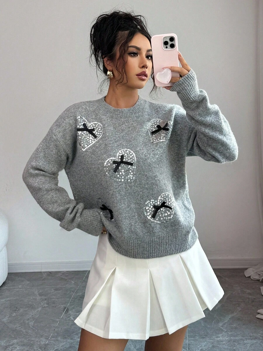 Elenzga Women's Round Neck Drop Shoulder Long Sleeve Bow Decor Heart Sequin Sweater Fall Winter Cloth For Women - Grey - View 1