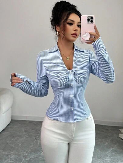 Elenzga Camisa de mujer con diseño, camisa a rayas azules para volver al colegio, otoño