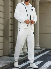 Manfinity Homme Conjunto de chándal informal de talla grande para hombres con sudadera con cremallera y parche de letras, y pantalones, ropa de otoño - Blanco - Ver 6