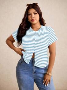 Elaquor Plus Size Fall Casual Commuter Front Button Split Hem T-Shirt,Fall Clothes For Women - Blue - View 4