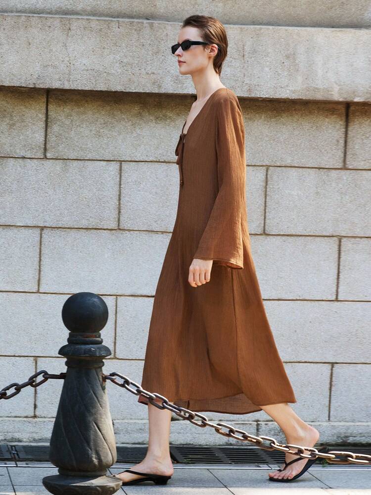 Lumivelle 婚礼宾客礼服 秋季连衣裙 秋季女装 V领系带仿珍珠装饰喇叭袖连衣裙 美拉德风格休闲装 春季大学服装 - 棕色 - 查看 6