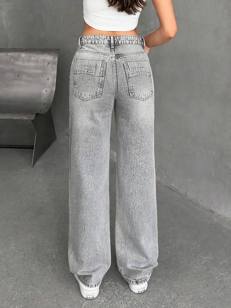 EURMUSE Jean recto con detalles de bolsillo y talle bajo - Gris - Añade 2