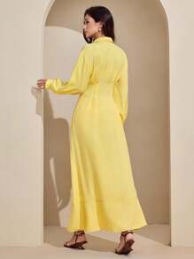 Graceveil 女式黄色腰部收紧撞色条纹设计长袖超长端庄连衣裙 - 黃色 - 查看 2