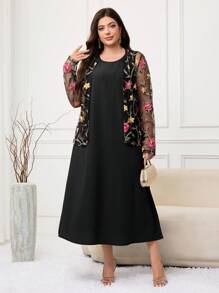 Modelyn Rochie fără mâneci, casual, culoare uni, mărime plus și cardigan transparent cu mâneci lungi, set din 2 piese - Negru - Vizualizare 5