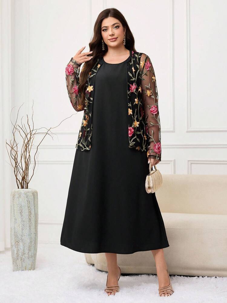 Modelyn 大码休闲纯色无袖连衣裙和花卉印花透明长袖开衫两件套 - 黑色 - 查看 5
