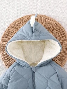 SHEIN Playful Pals 男婴冬季棉质恐龙耳朵连帽前开连体衣，厚实保暖服装，适合冬季 - 藍色 - 查看 8