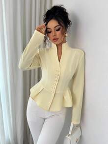 Elenzga Blusa de manga larga de color amarillo pálido con cuello alto, escote en V, botones delanteros, cintura acampanada y bajo asimétrico, para uso formal, oficina, casual, vacaciones, fiesta, estilo vintage, maestro y estilo del Medio Oriente