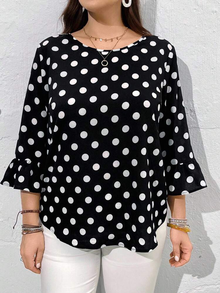Plus Size Women's Polka Dot Printed 3/4 Sleeve Shirt For Summer,Vacation/Spring