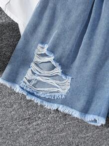 Conjunto de ropa informal de verano para adolescentes, que incluye blusa estampada y shorts de mezclilla - ideal para vacaciones, verano y viajes - Blanco - Ver 7