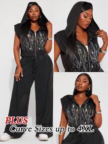 SHEIN SXY Plus Size Women Rhinestone Fire Pattern Zip Up Hooded Crop Sweatshirt,Teal,Summer,Casual,Graphic,Bussines,Night Out Club,Hip-Hop,Street Style,Shining - Black - View 7