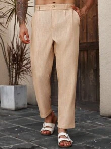 Manfinity Homme Quần dài đi nghỉ thường ngày vải lanh hai màu cỡ lớn dành cho nam - Màu Khaki - Xem 5