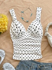 Soleia 女士优雅度假波尔卡圆点针织面料扭纹肩带褶饰修身吊带背心，适合度假、约会、下午茶、海滩、游轮、城市旅行、海岛度假、音乐节、波西米亚度假，可内外穿着波尔卡圆点上衣波尔卡圆点背心可爱上衣夏季上衣女士波尔卡圆点上衣波卡圆点上衣挤奶女工上衣基本款上衣 - 黑與白 - 查看 6