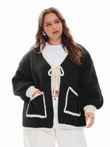 Solavibe Plus Size Casual Colorblock Drawstring Cardigan Sweater - Black - View 7