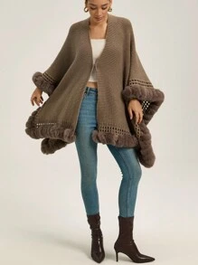 GENKIRA Áo choàng cổ lông cỡ lớn, khoét lỗ, màu trơn, đa năng, áo khoác dày, áo khoác len cardigan cho nữ - Cà phê nâu - Xem 3