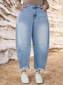 SHEIN Tall CURVE Plus Size Fall Autumn Back To School Homecoming Halloween Y2k Cute Streetwear Goth Grunge Techno Birthday Night Out Going Out Club Airport Casual Washed Distressed Jeans Women's Light Blue Jeans Low Waist Banana Pants Casual, Going Out Casual Non,Stretch American Streetwear Denim Blue Jeans, All Season