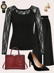 Ellevyn Blouse élégante pour femmes grandes tailles, couleur unie, patchwork en dentelle avec ornements de strass