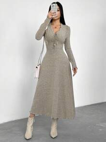 Feyla 女士优雅纯色中长通勤连衣裙 - 灰色 - 查看 5