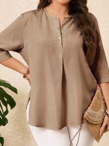 EMERY ROSE 加大码 Old Money 度假休闲条纹弧形下摆衬衫，女士夏季服装，女士度假服装