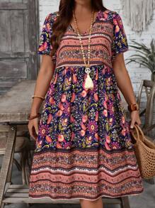 EMERY ROSE Plus Size Floral Print Casual Vacation Dress Bohemian Fall Clothes For Women  Plus Size Vacation Dress - Red - View 5