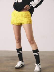 Athîral Summer Balletcore Sweet Bow Kawaii Mesh Contrast Lace Ruffle Trim Low Waist Yellow Mini Shorts - Yellow - View 5