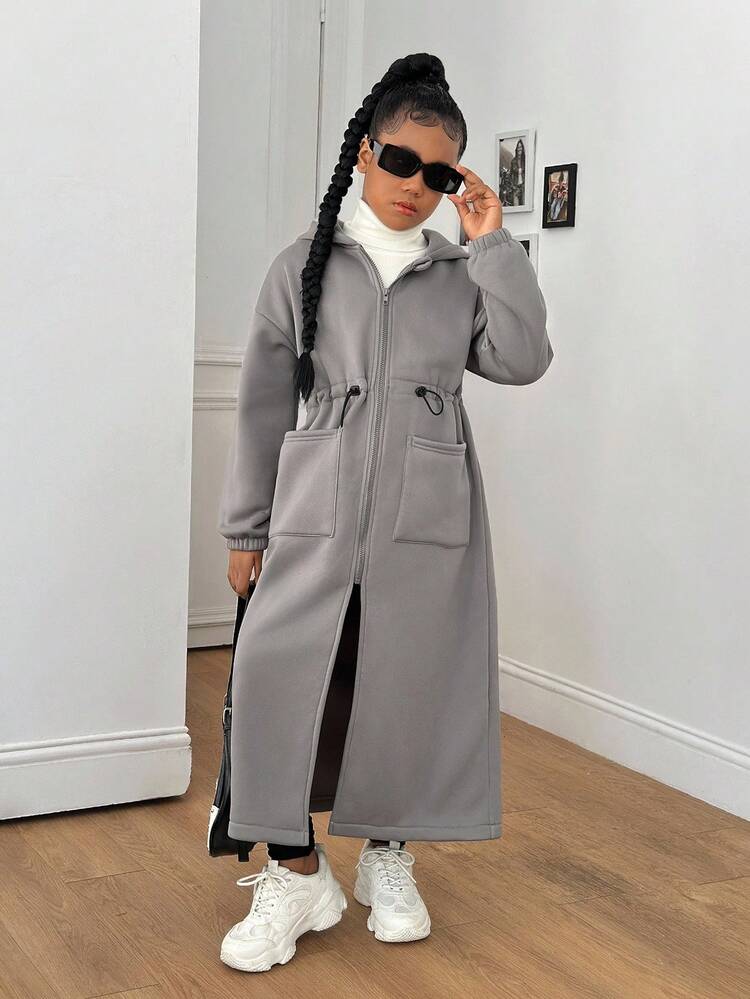 Sparklyn Tween Girls' Casual All-Match Versatile Home, School, Sports Cinched Waist Faux Fur Collar Long Jacket, Autumn/Winter Fall - Grey - View 6